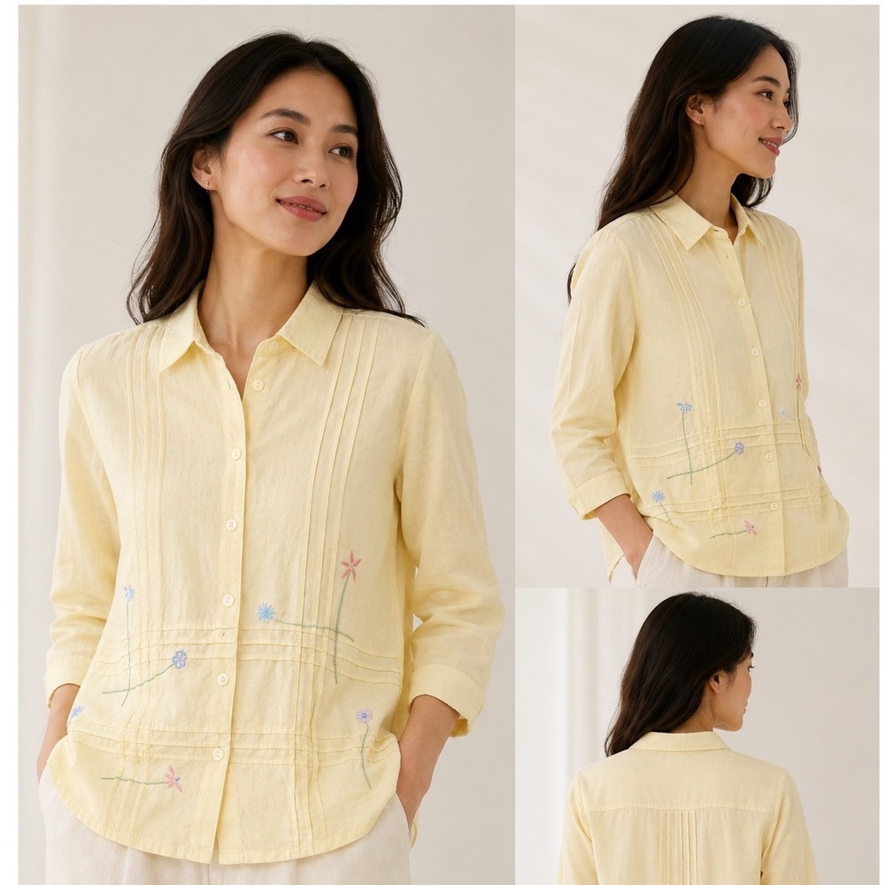 Christopher & Banks Yellow Embroidered Linen Blouse S Cottagecore Boho Floral